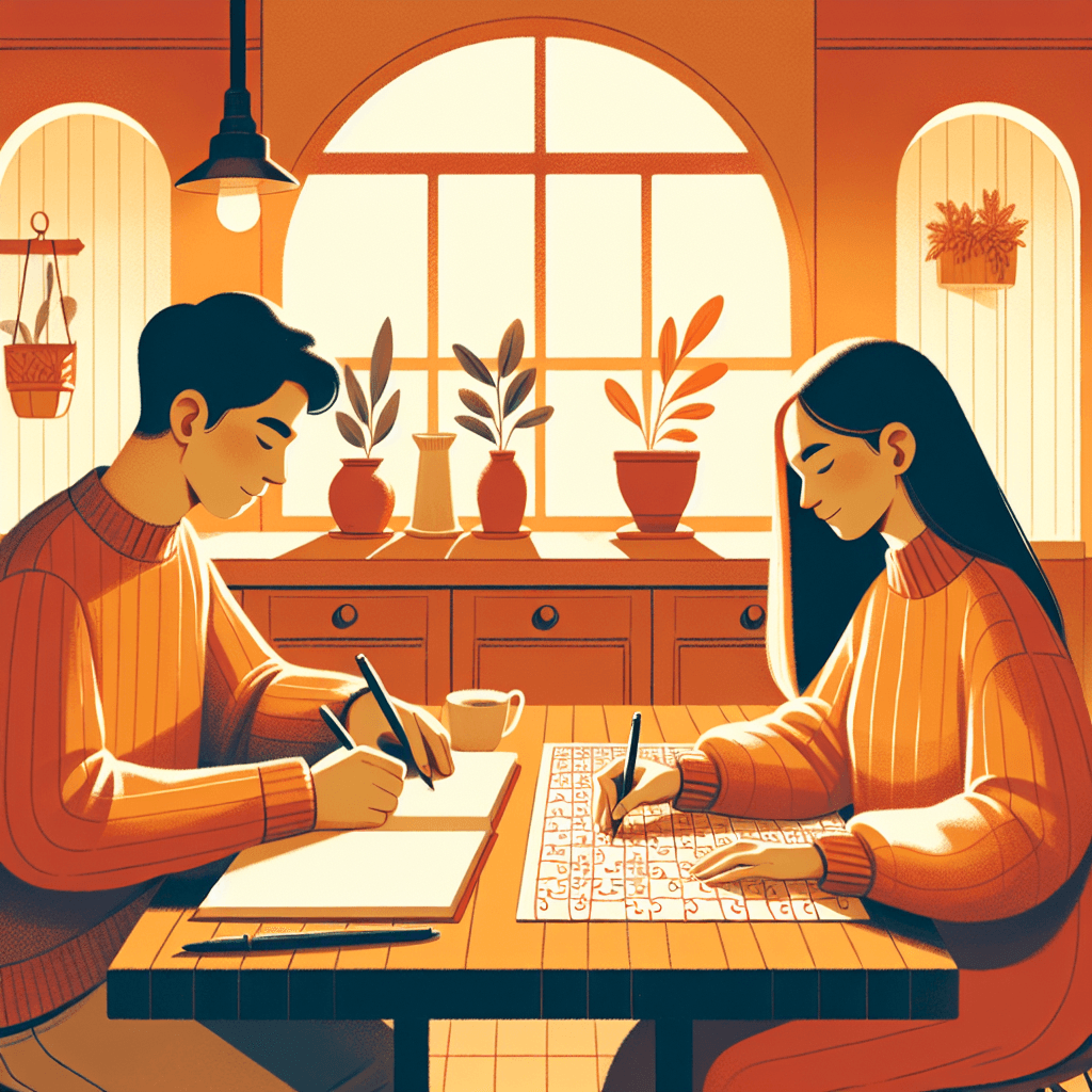 Warm illustration of a couple doing separate cozy activities together at a table