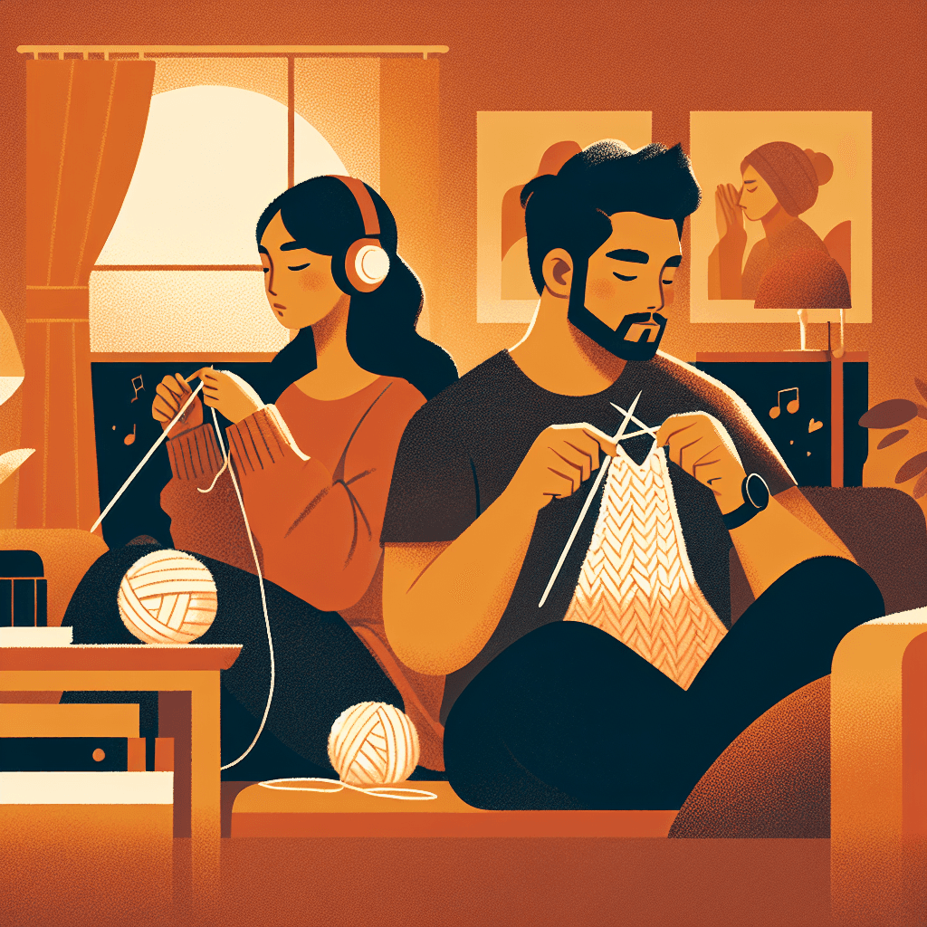 Warm modern illustration of a couple sharing a calm evening while doing different relaxing activities together