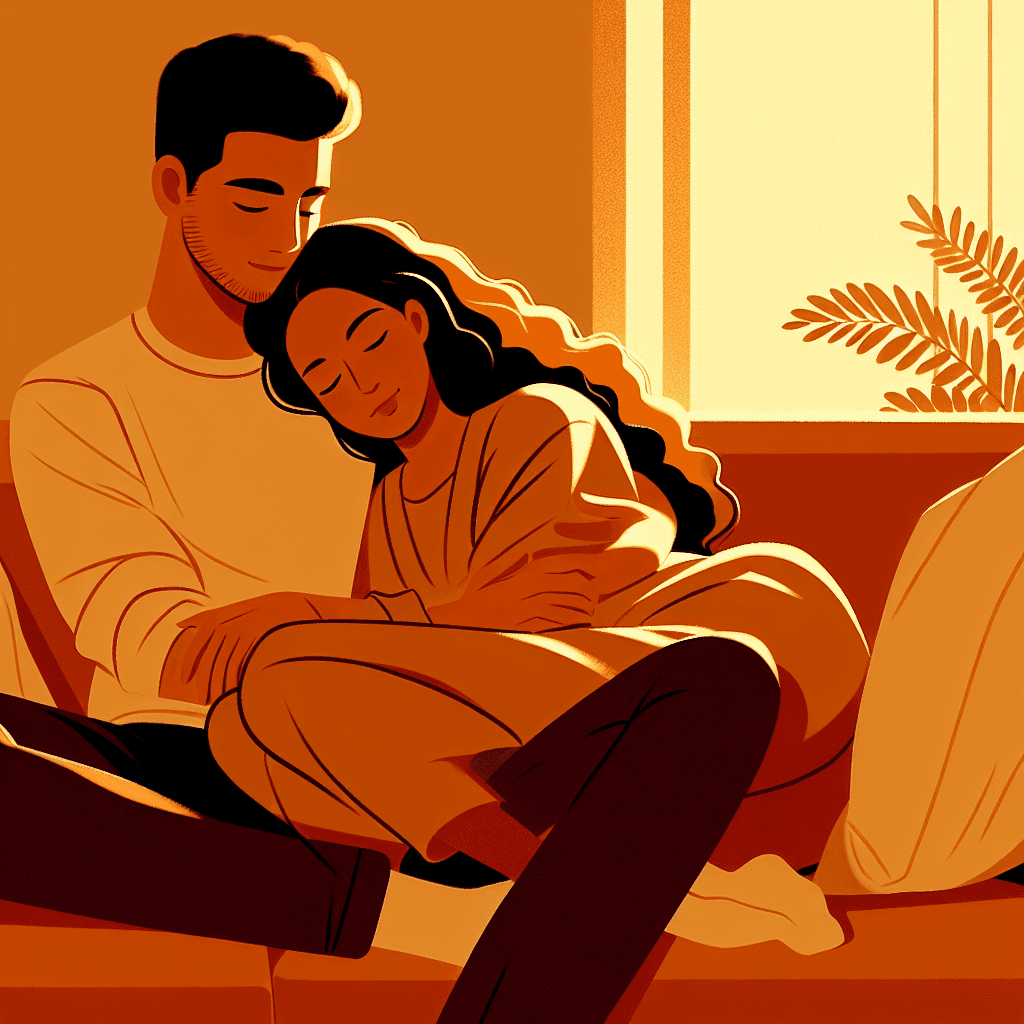 A couple cuddling comfortably on a couch in warm amber tones