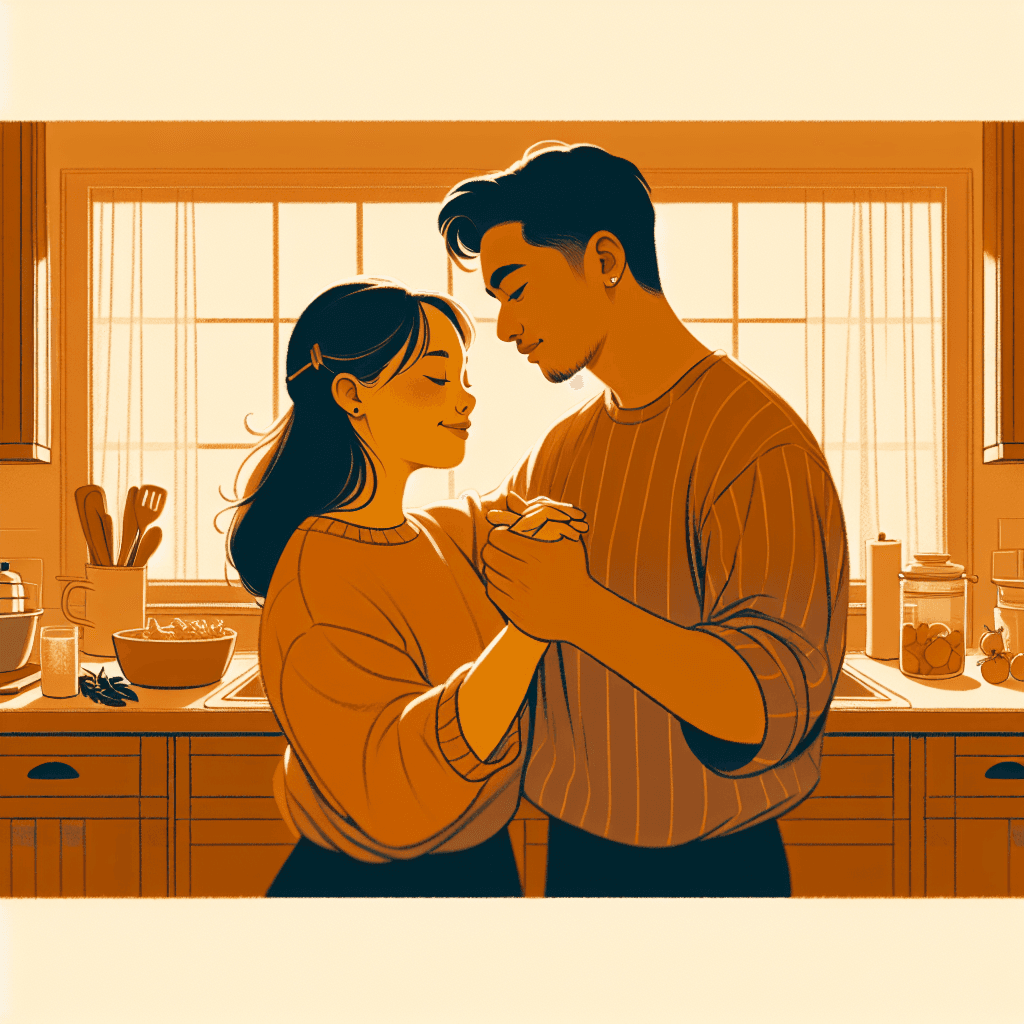 A couple slow dancing in a kitchen, playful and tender