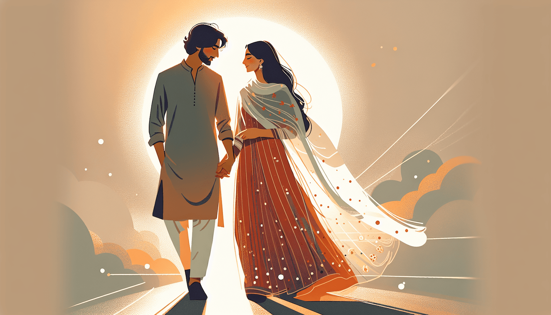 A couple walking hand in hand in warm amber light