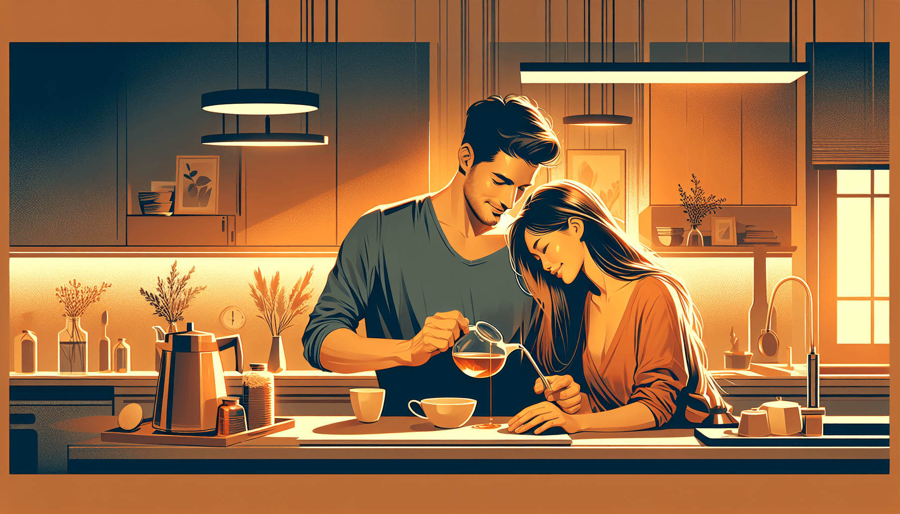 Warm modern illustration of a couple sharing an evening ritual together in amber and gold light