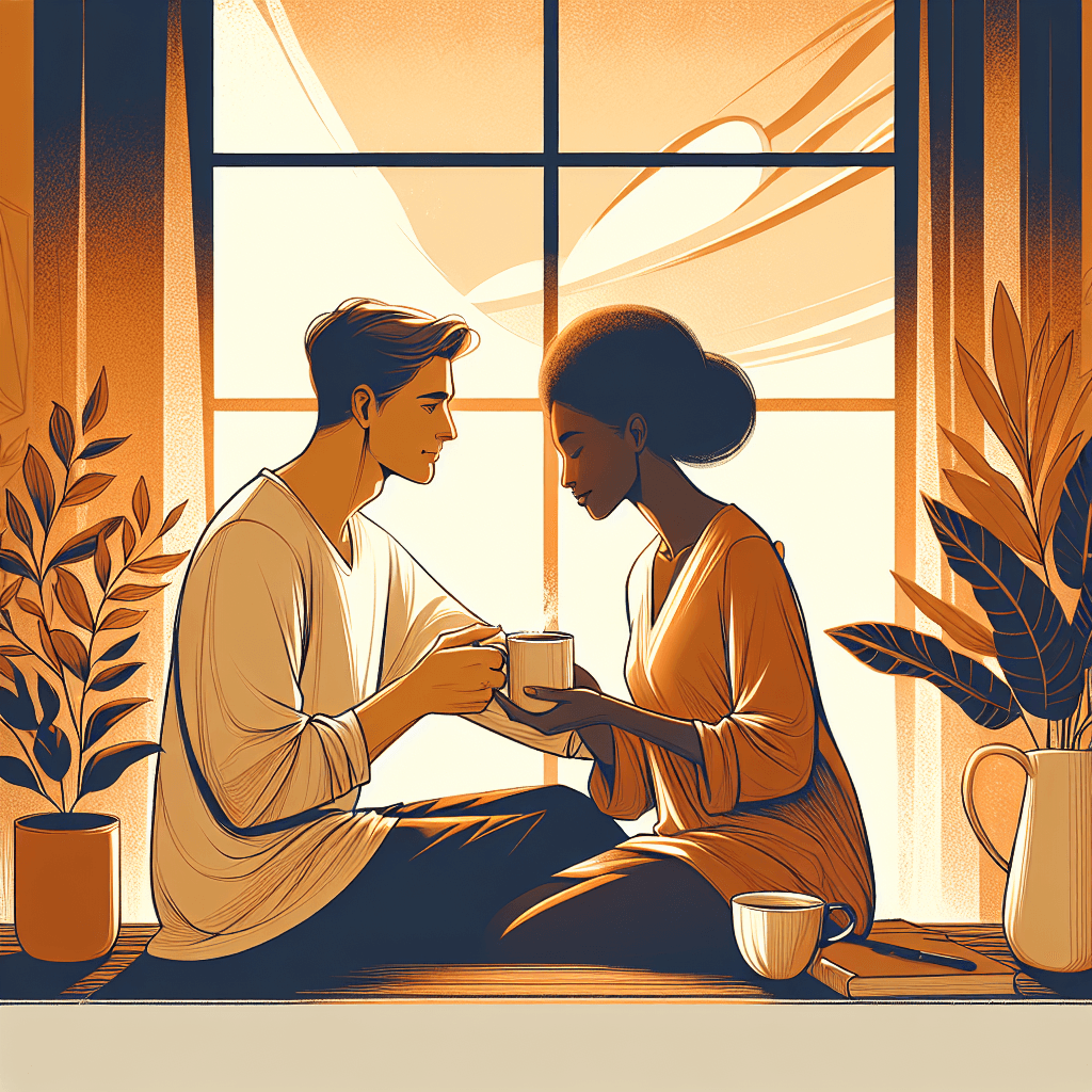 Warm modern illustration of a couple sharing a calm morning ritual with coffee by a window