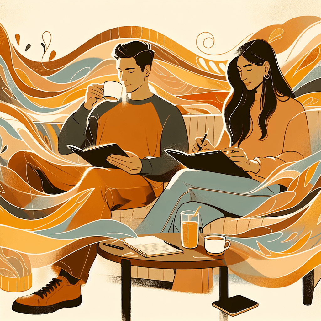 Warm modern illustration of a couple doing a weekly relationship ritual together on a sofa with tea and notebooks