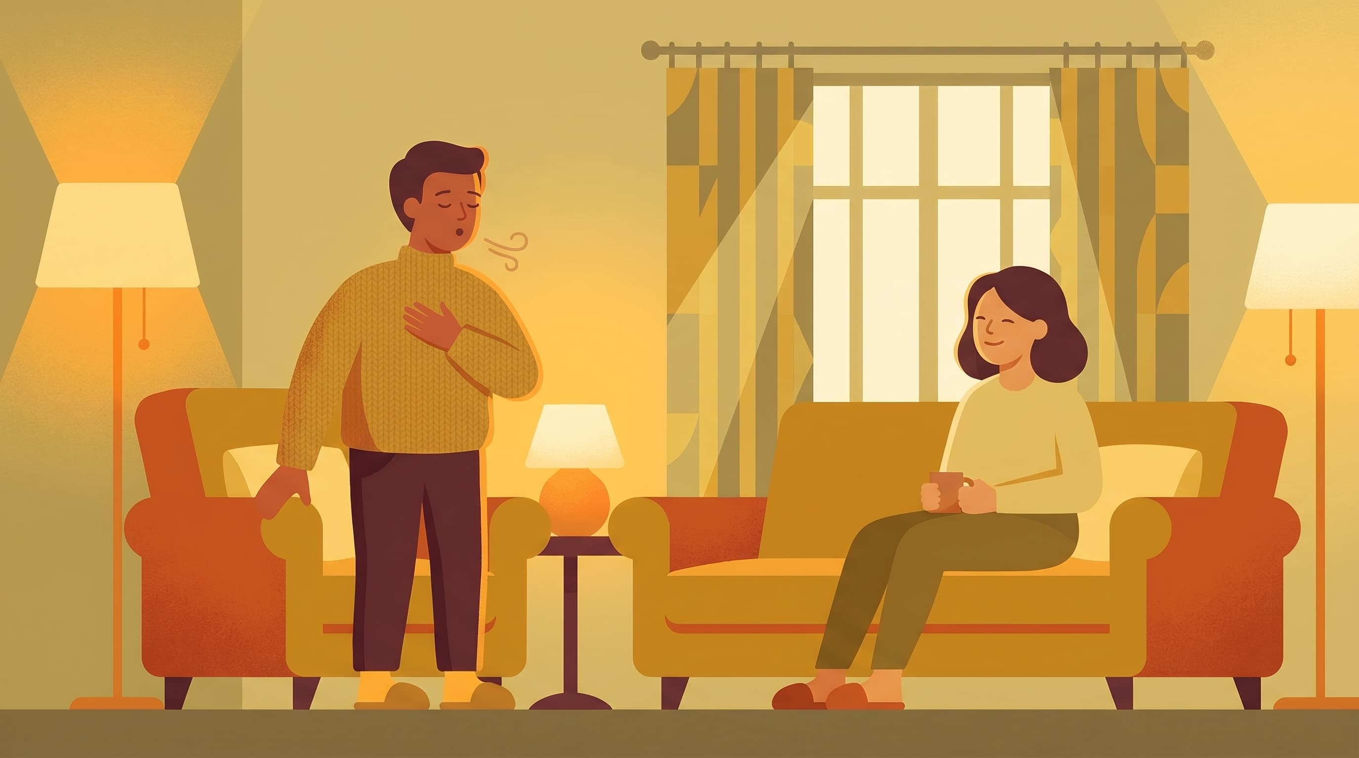 A couple in a cozy living room with soft amber light, one partner pausing with hand on chest taking a calming breath while the other partner waits patiently.