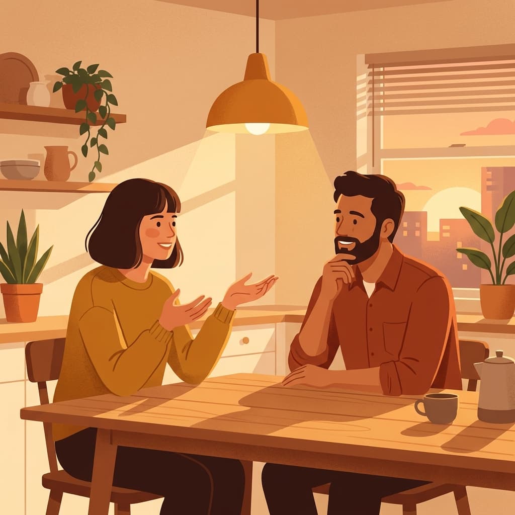 Two people having a calm thoughtful conversation at a kitchen table, warm light, amber tones, one gesturing openly while the other listens with curiosity.