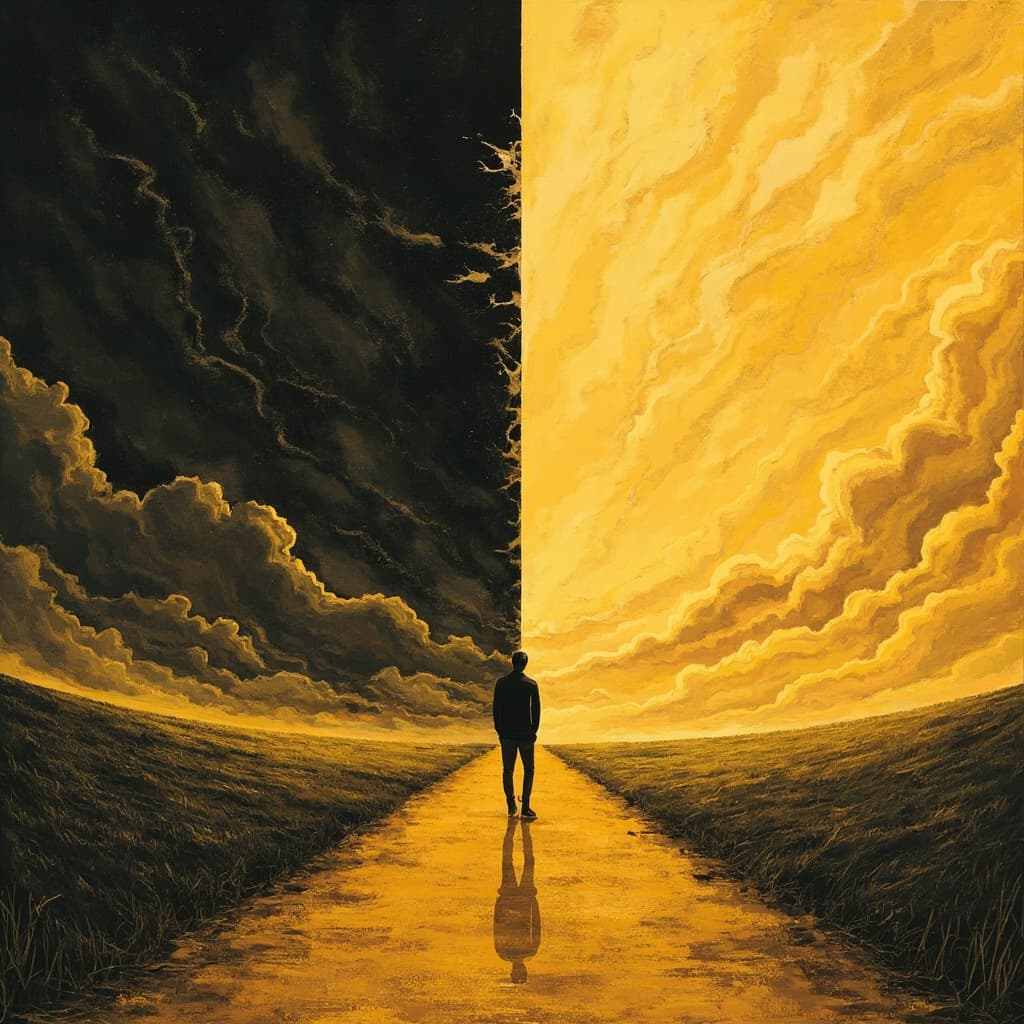 A person standing at a crossroads, one path showing a dark stormy turbulent sky representing reactivity, the other path showing calm golden light representing responsiveness.