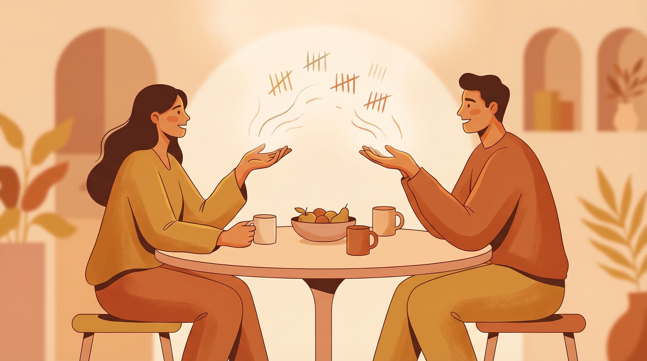 Warm modern illustration of a couple letting go of scorekeeping and reconnecting across a table in amber and gold tones