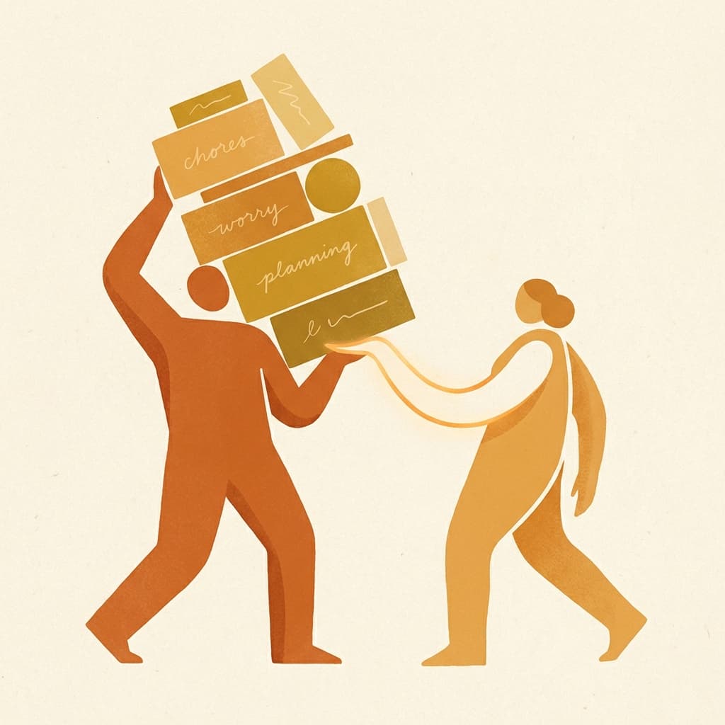 Warm modern illustration of a couple noticing and sharing the mental load together