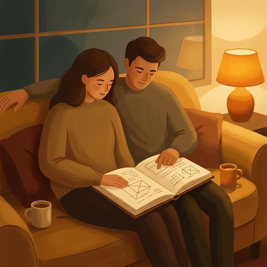 Warm modern illustration of a couple making a shared plan together on a couch