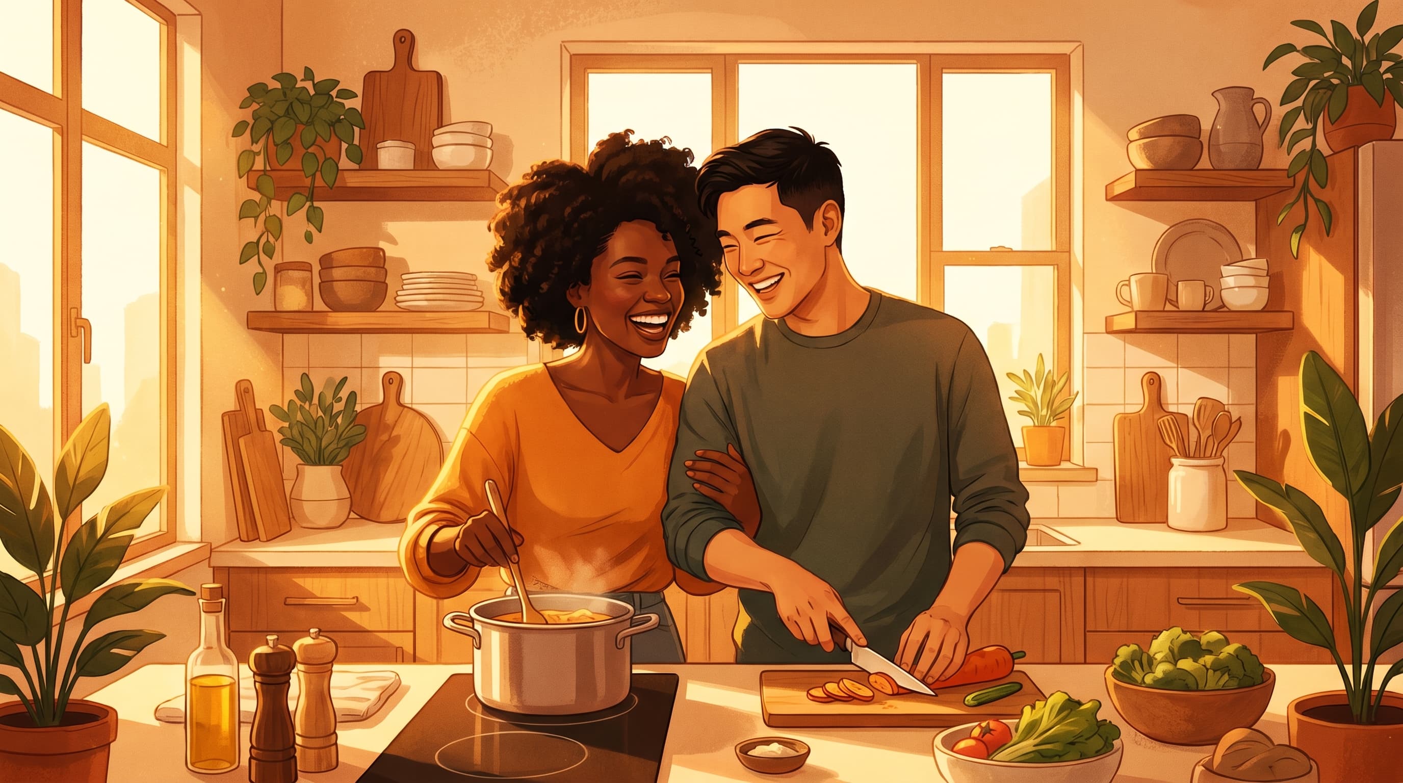 Warm illustration of a diverse couple cooking together in a bright sunlit kitchen, laughing and having fun