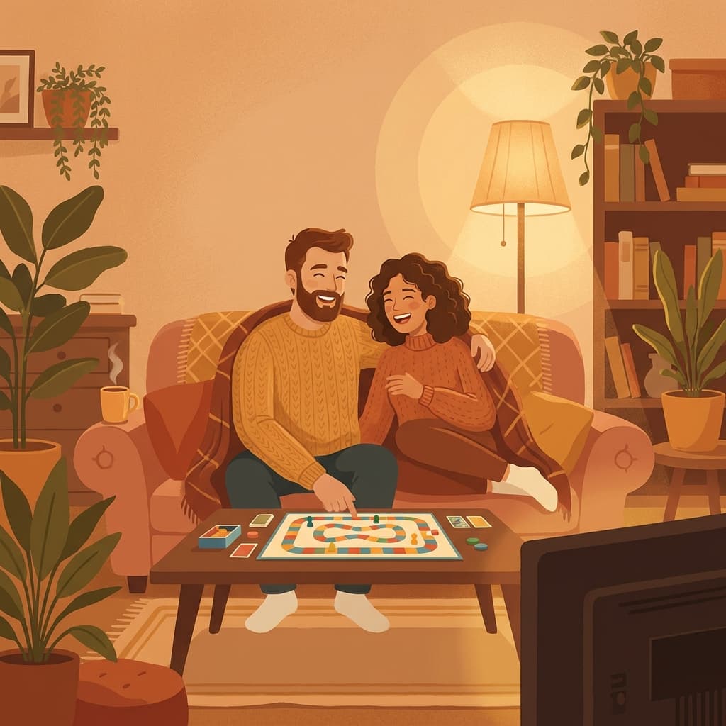 Warm illustration of a couple sitting on a couch together, playing a board game and smiling