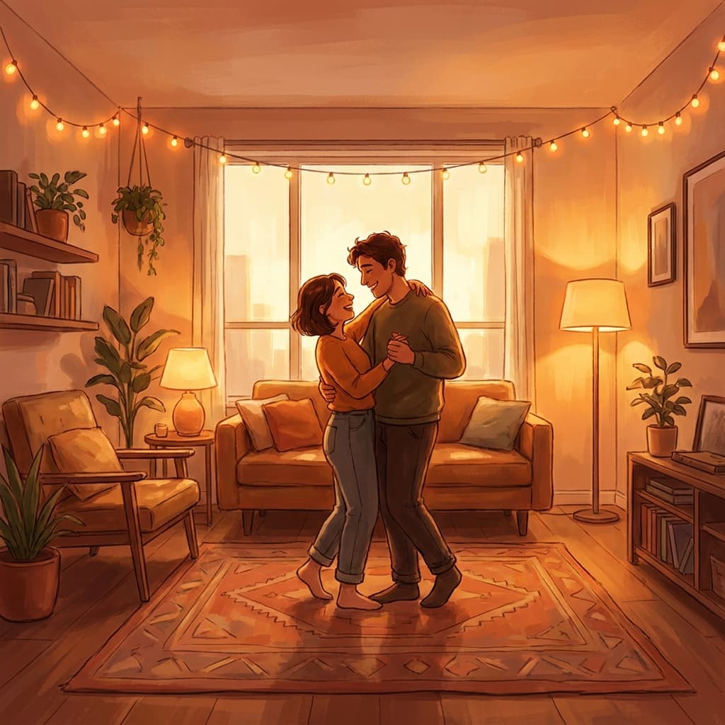 Warm illustration of two people dancing together in their living room, soft golden light, romantic atmosphere