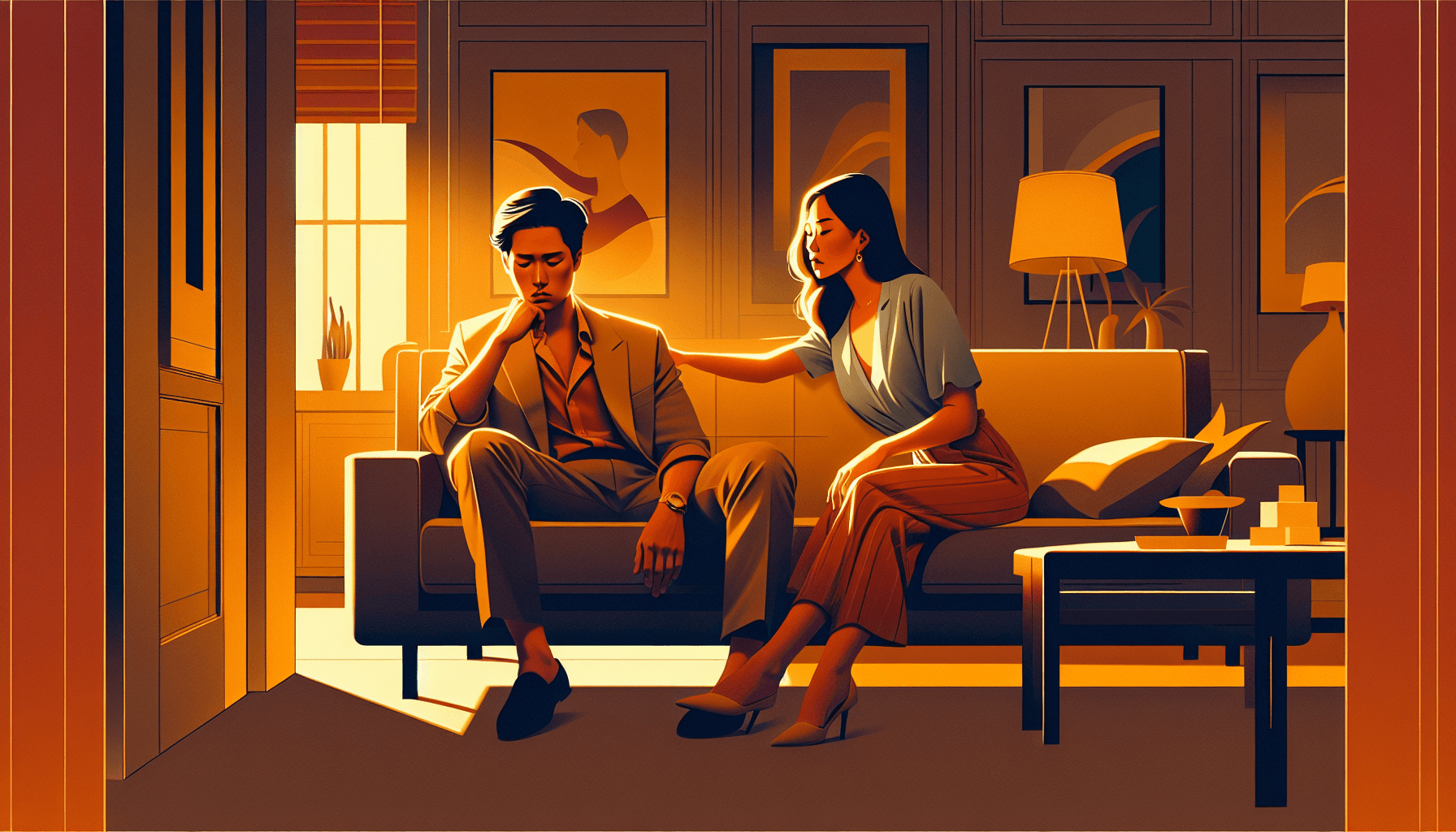 Warm modern illustration of a couple feeling emotionally distant on a sofa in amber and gold tones
