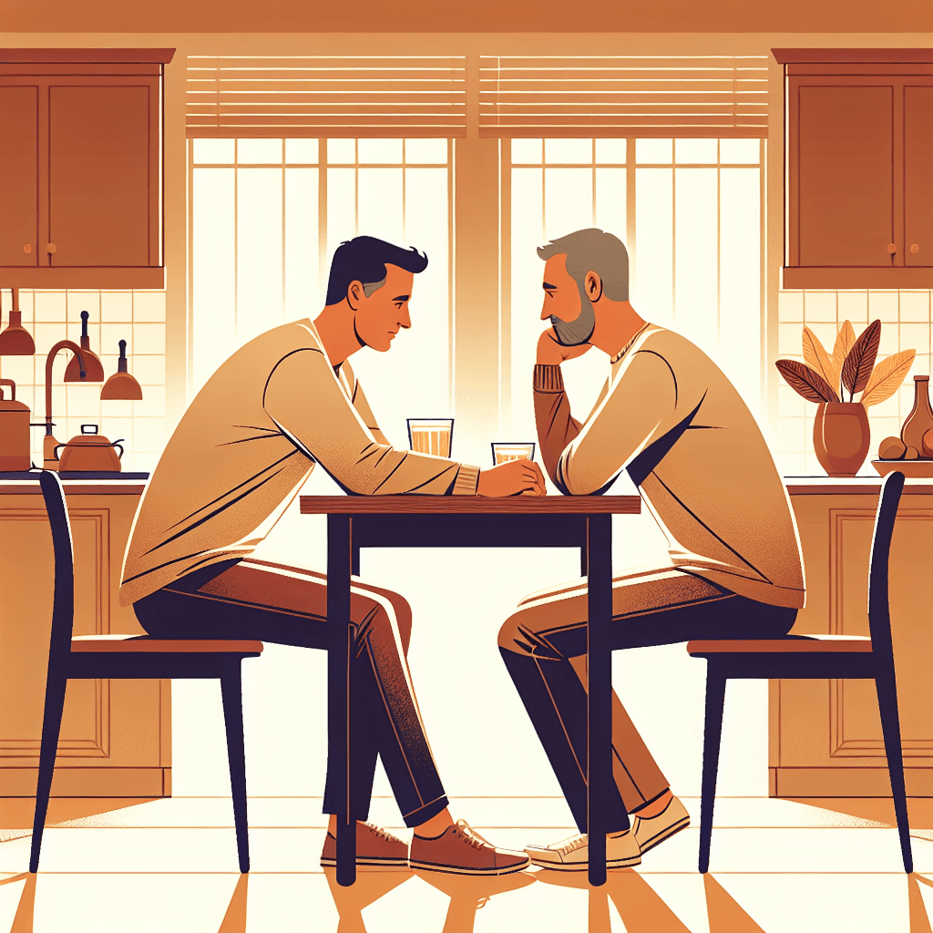 Warm modern illustration of a couple reconnecting calmly at a kitchen table