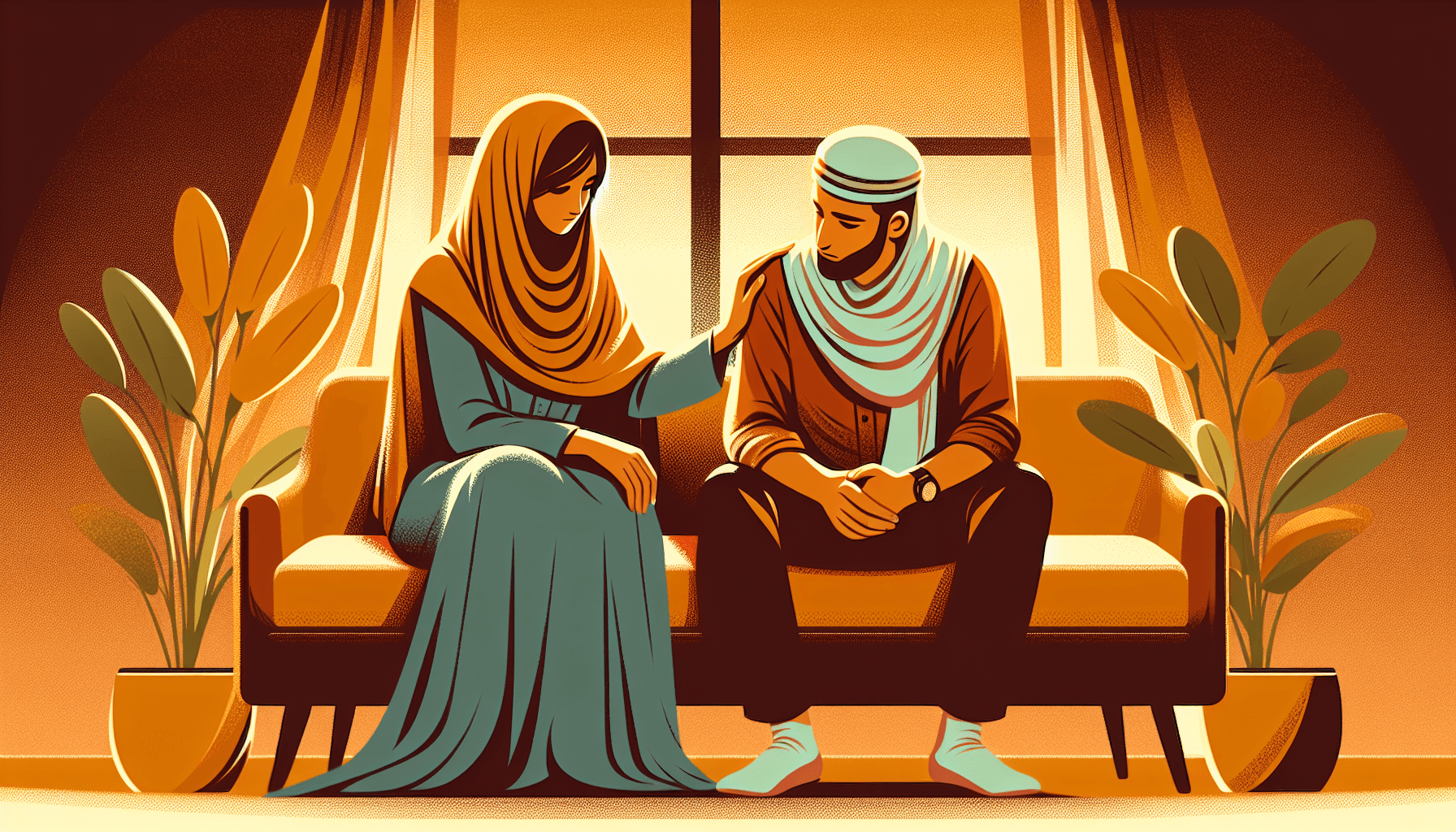 Couple sitting together on a couch, one gently holding the other's hand in a comforting gesture, warm amber lighting