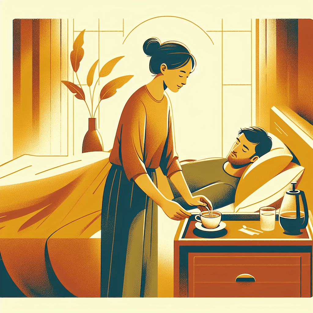 Person gently placing a cup of tea on a nightstand next to someone resting, warm golden tones
