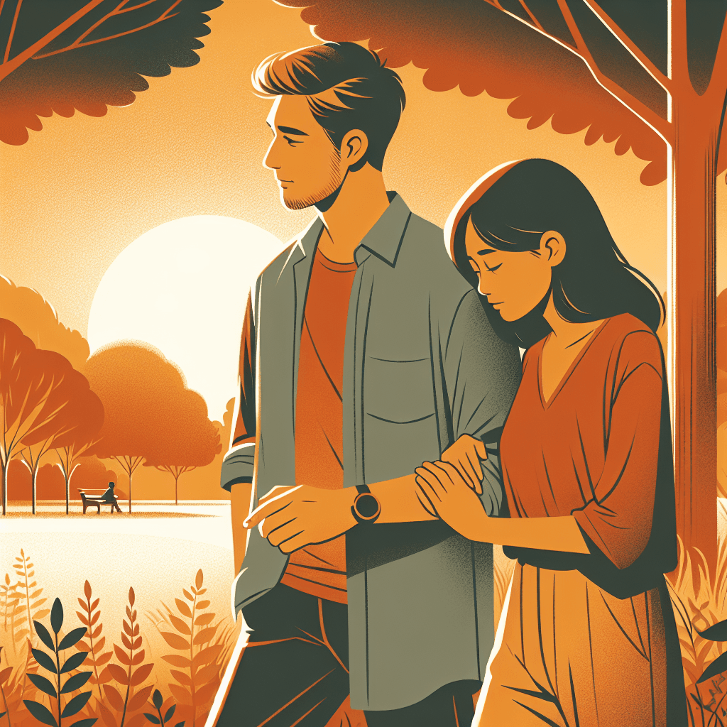 Two people walking together in a peaceful park during golden hour, one leaning on the other for support