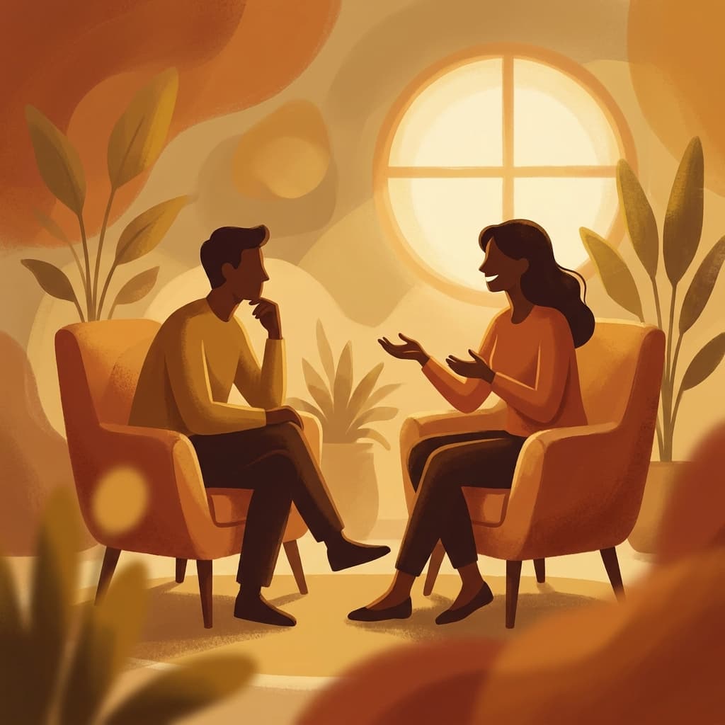 Two people in a deep conversation, one listening with genuine curiosity and focus