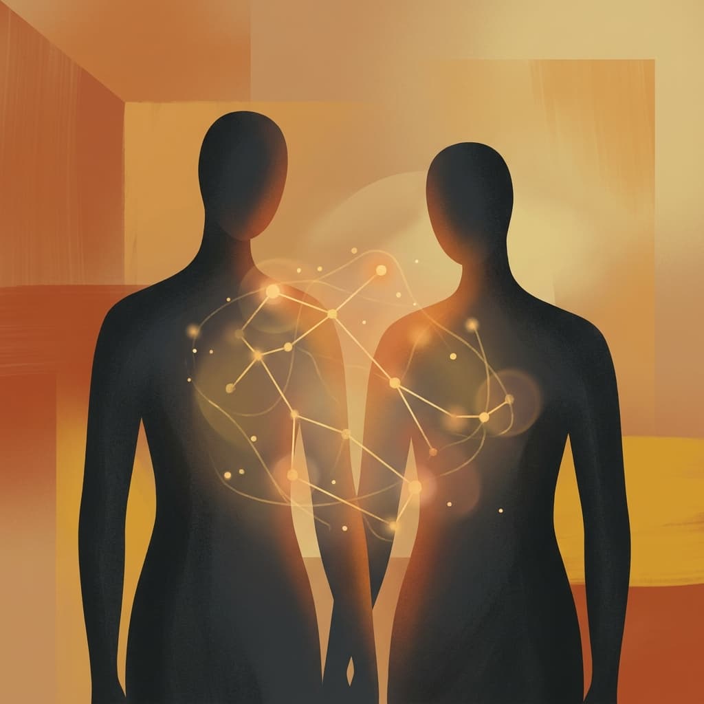 Two people standing close together discovering something glowing and magical between them