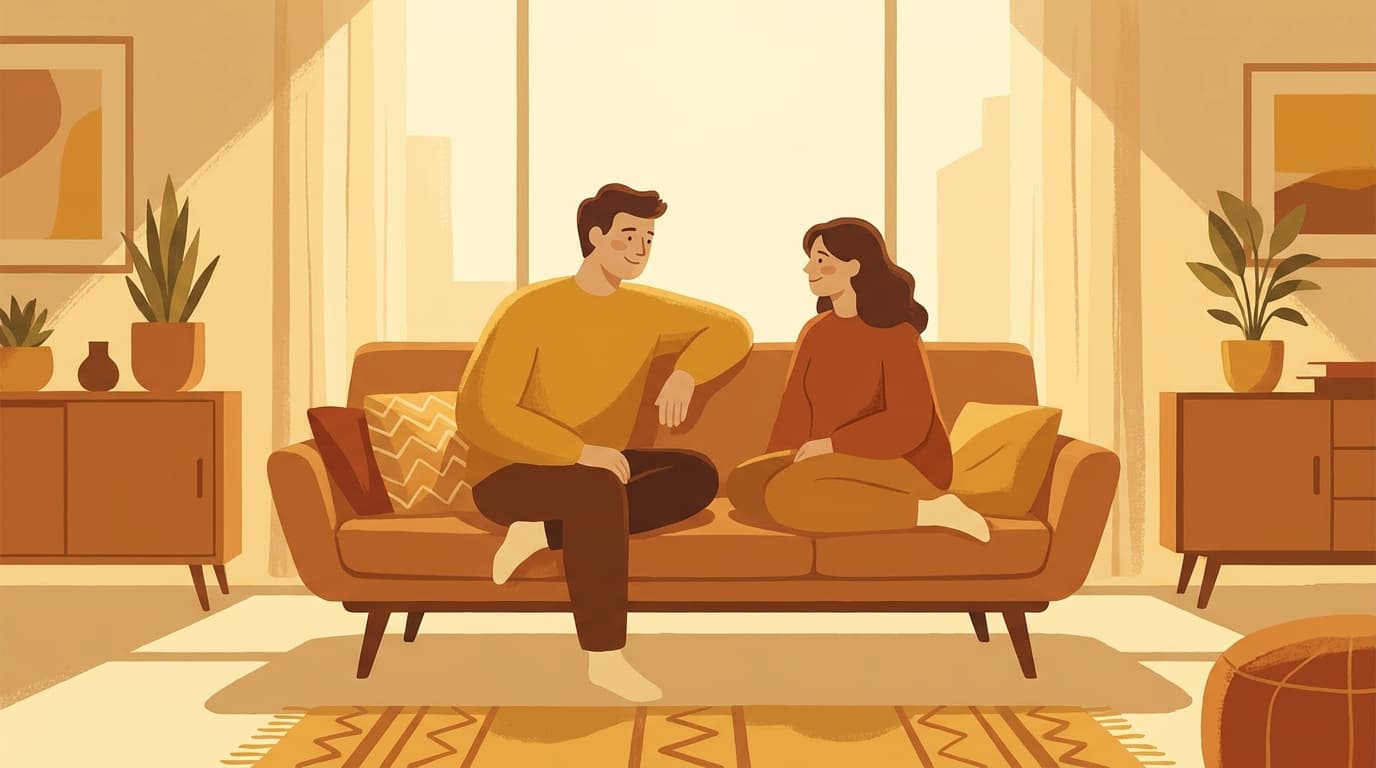 A couple sitting together on a couch, one sharing something new with genuine interest and warmth