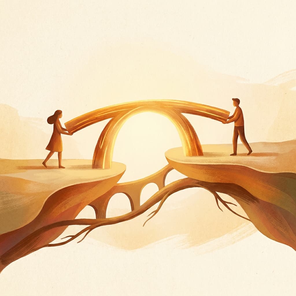 Two people building a glowing bridge together, each holding one end, meeting in the warm golden middle