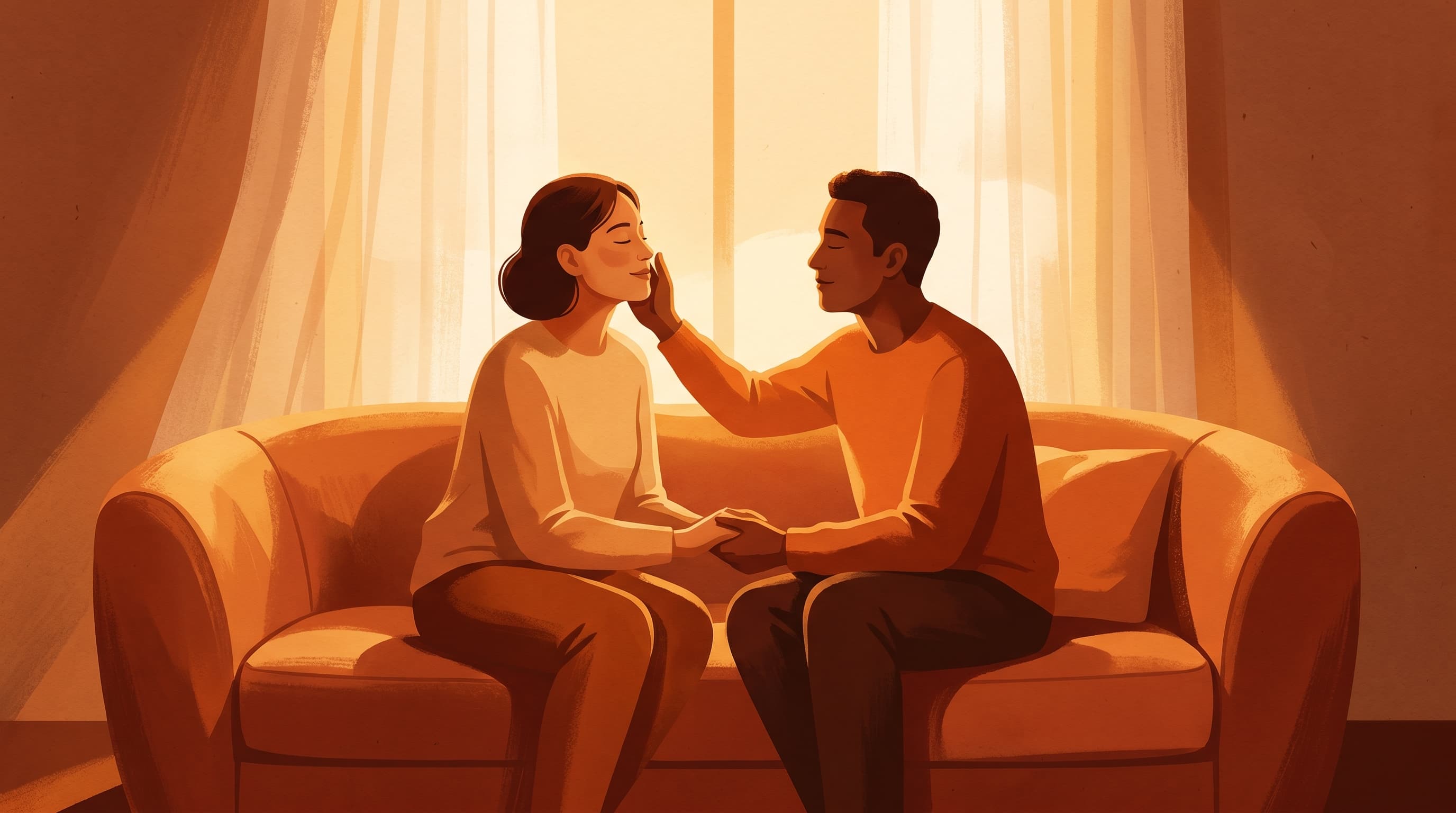 Two people on a cozy sofa, one gently touching the other's cheek, bathed in warm amber light
