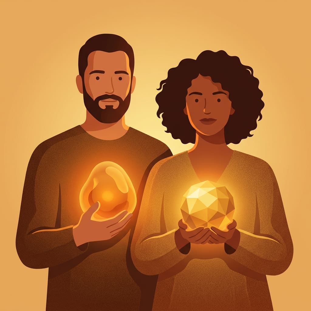 Two people standing side by side, each holding their own glowing orb of light, close but uniquely themselves