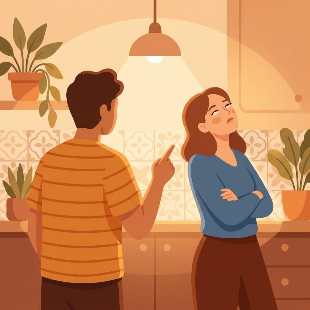 A couple in conflict: one partner pointing aggressively (criticism) while the other stands with arms crossed in contempt