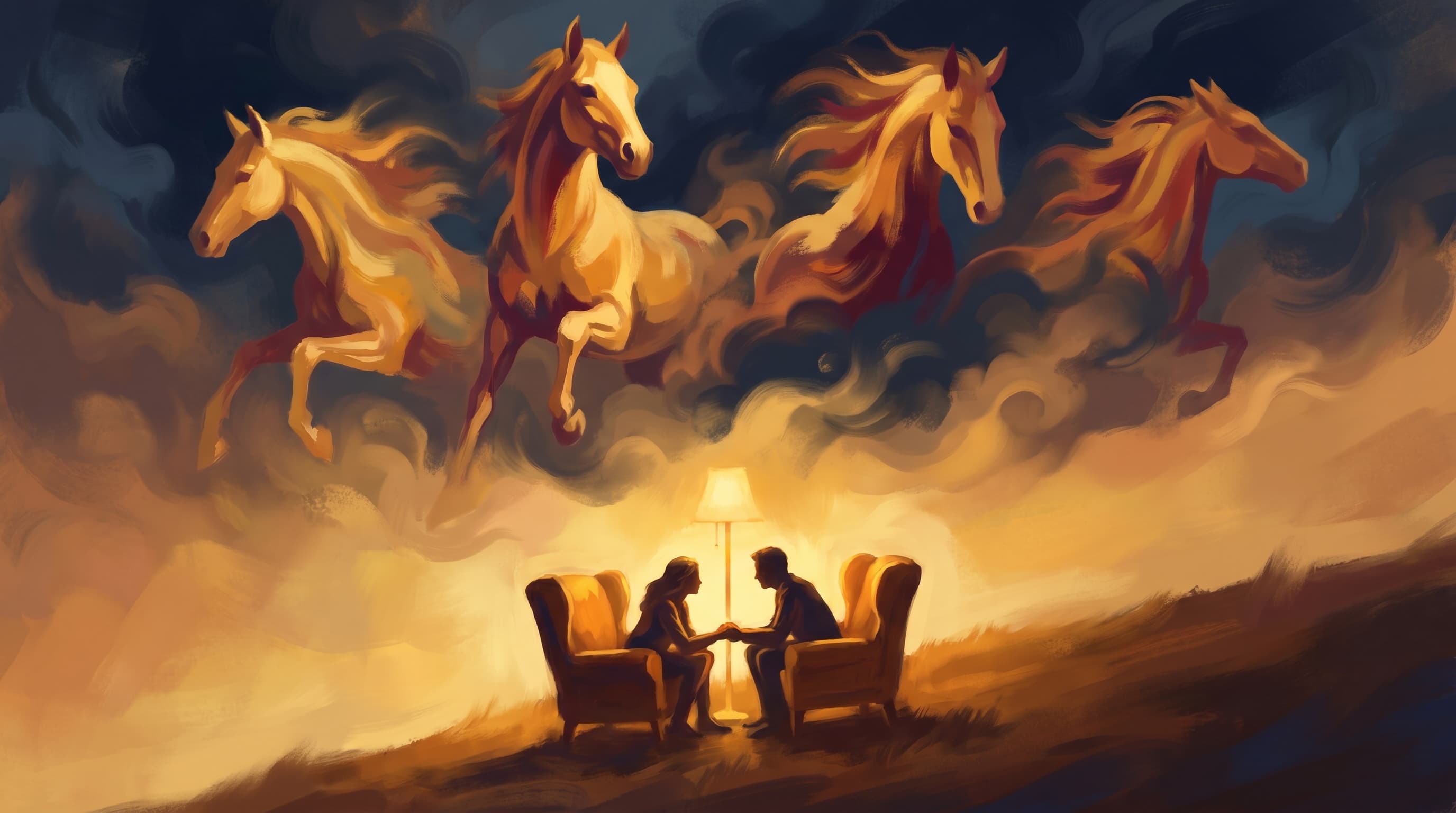 Four abstract horse silhouettes emerging from dark clouds above a couple reaching for each other in amber light