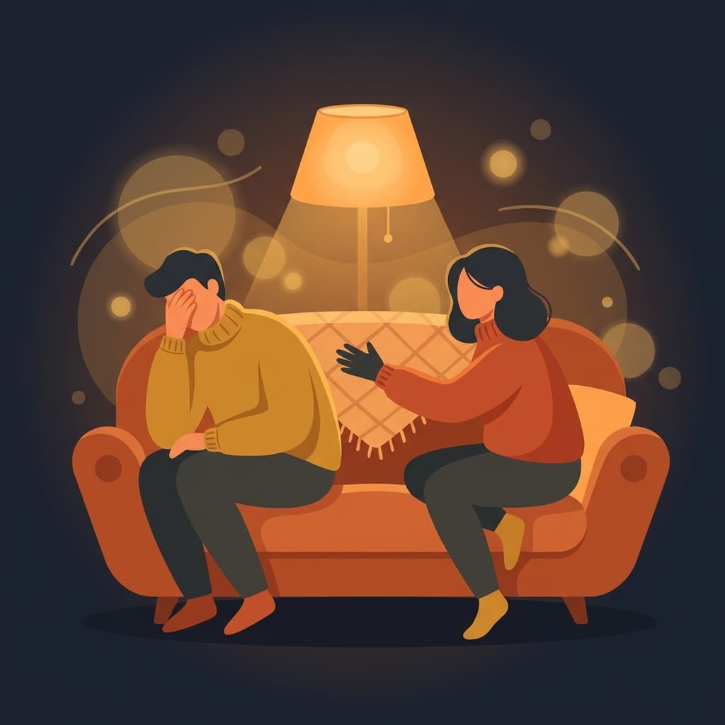 A couple on a couch: one turning away with hand over face (stonewalling), the other reaching out with palm open (defensiveness)