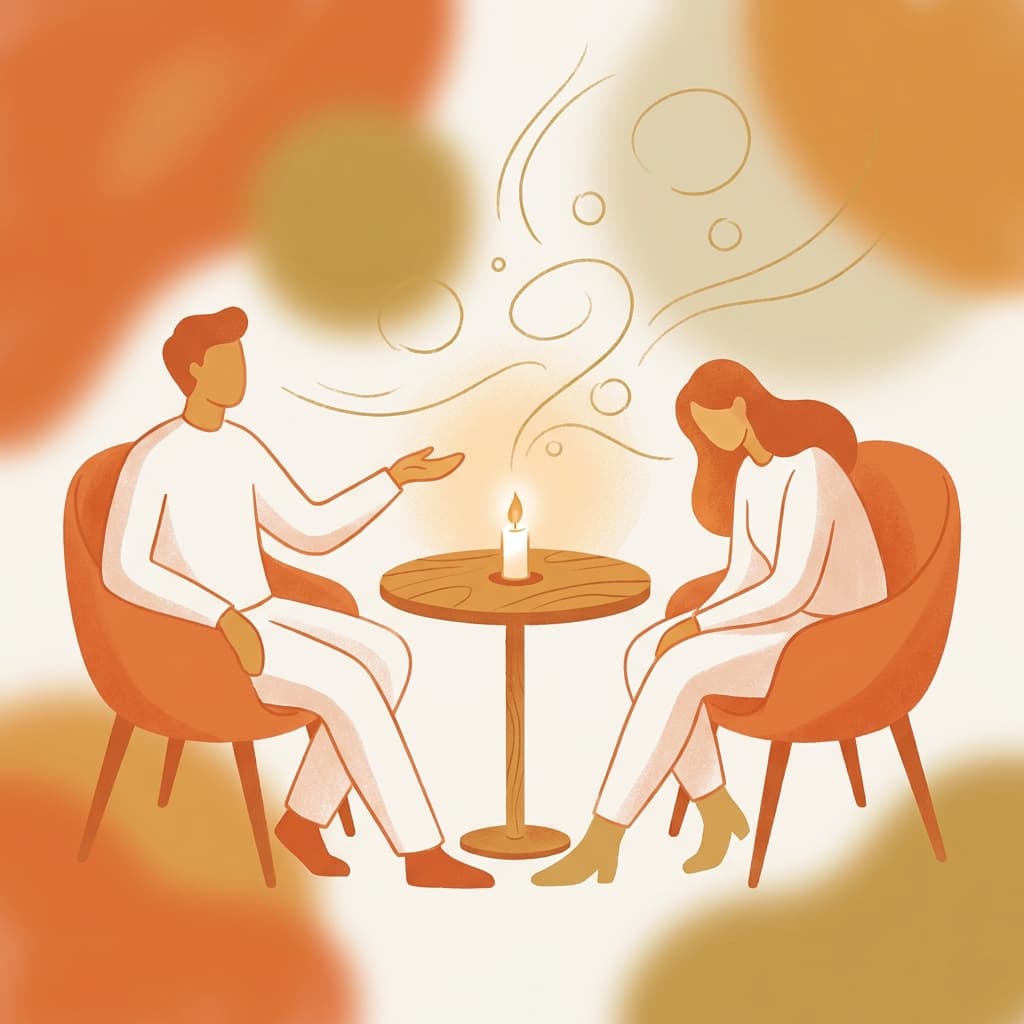 Two people seated across from each other at a round table with a candle between them, warm amber light, one gesturing with open palm in de-escalation