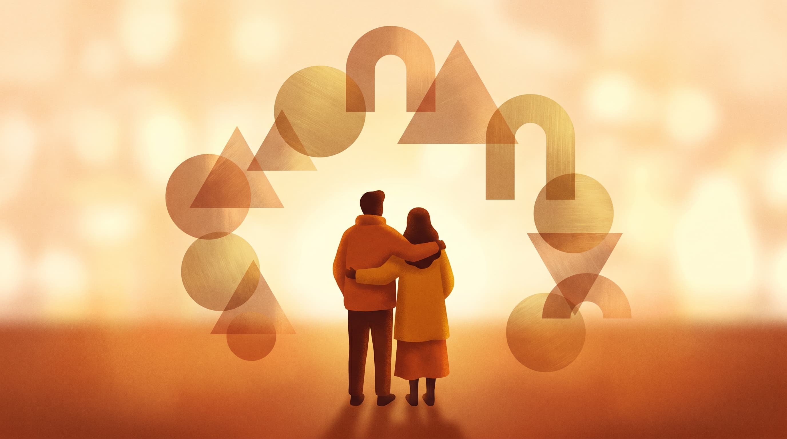 Abstract illustration of two figures connected by soft golden light, representing nervous system attunement between partners