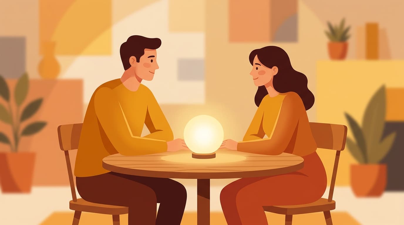 Warm illustration of a couple gazing at each other with calm attention across a table