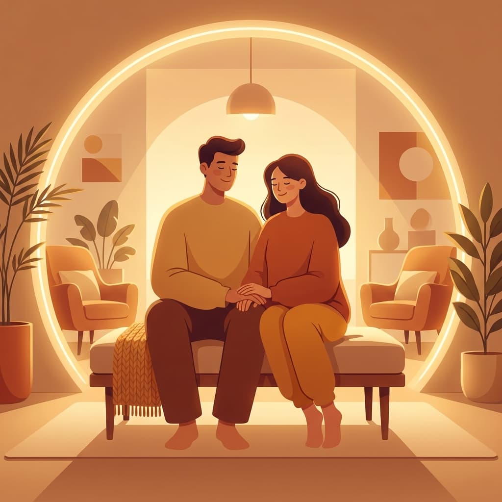 Warm illustration of a couple holding hands gently with relaxed body language, sitting together peacefully