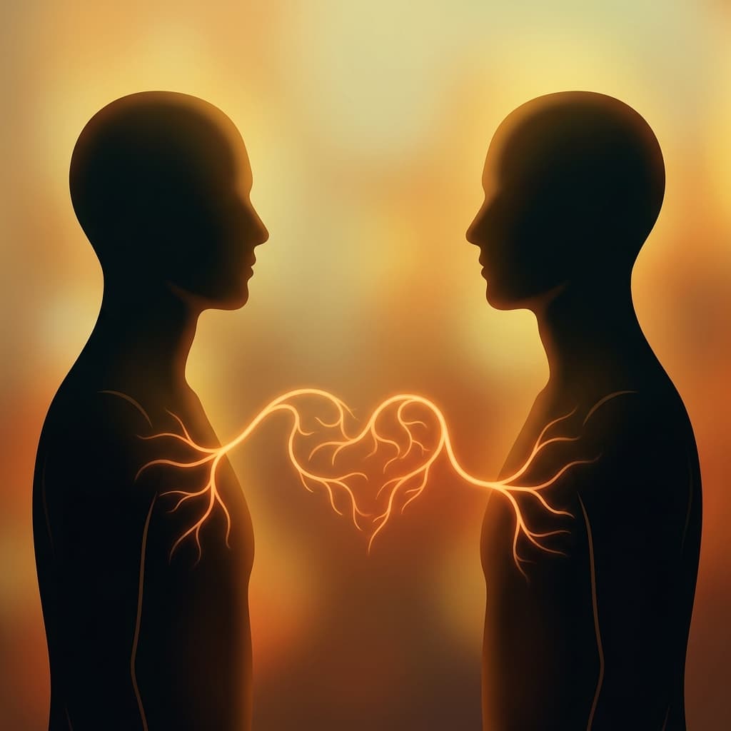 Warm illustration showing two people connected by a glowing amber thread between their hearts, representing emotional attunement