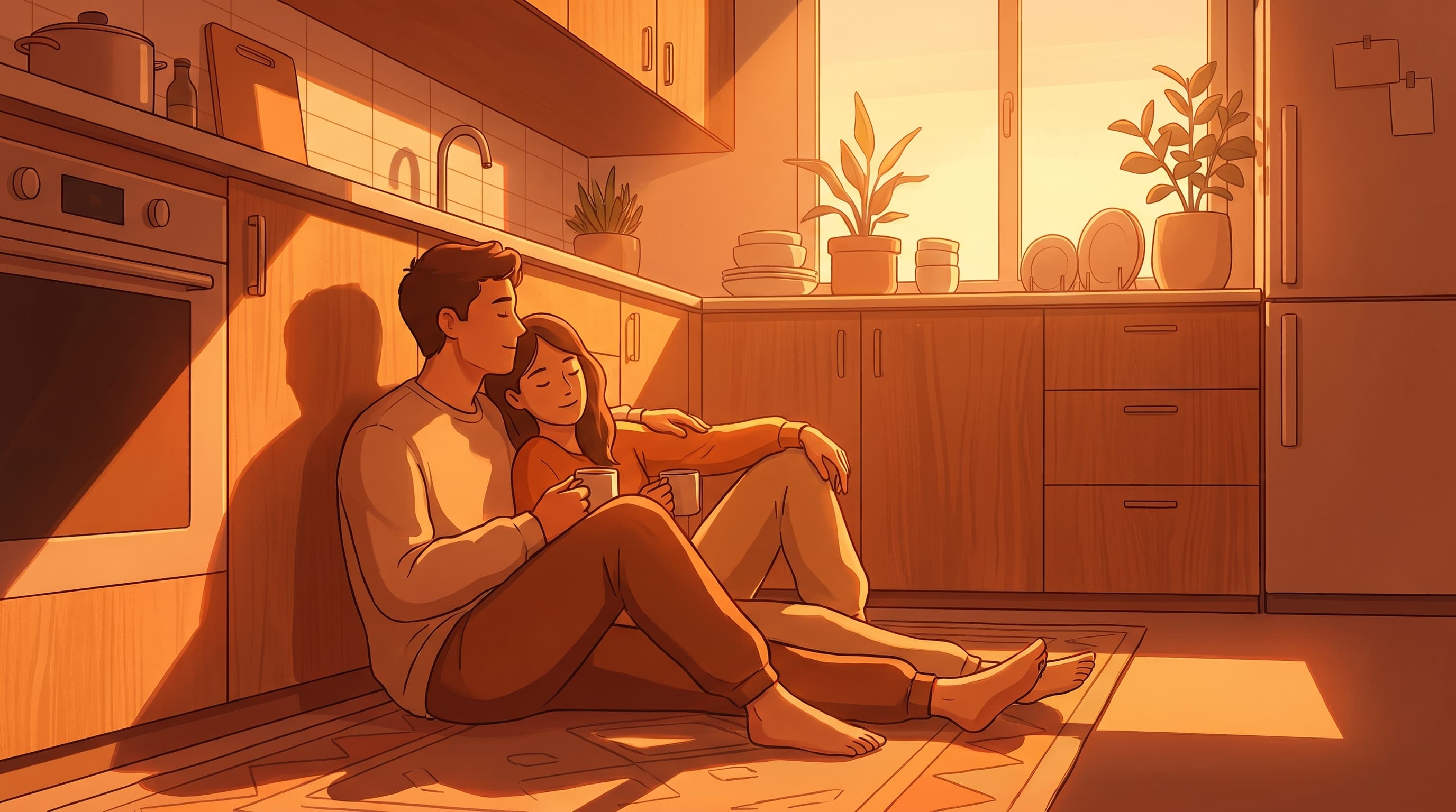 A couple sitting together in warm light, sharing a quiet intimate moment