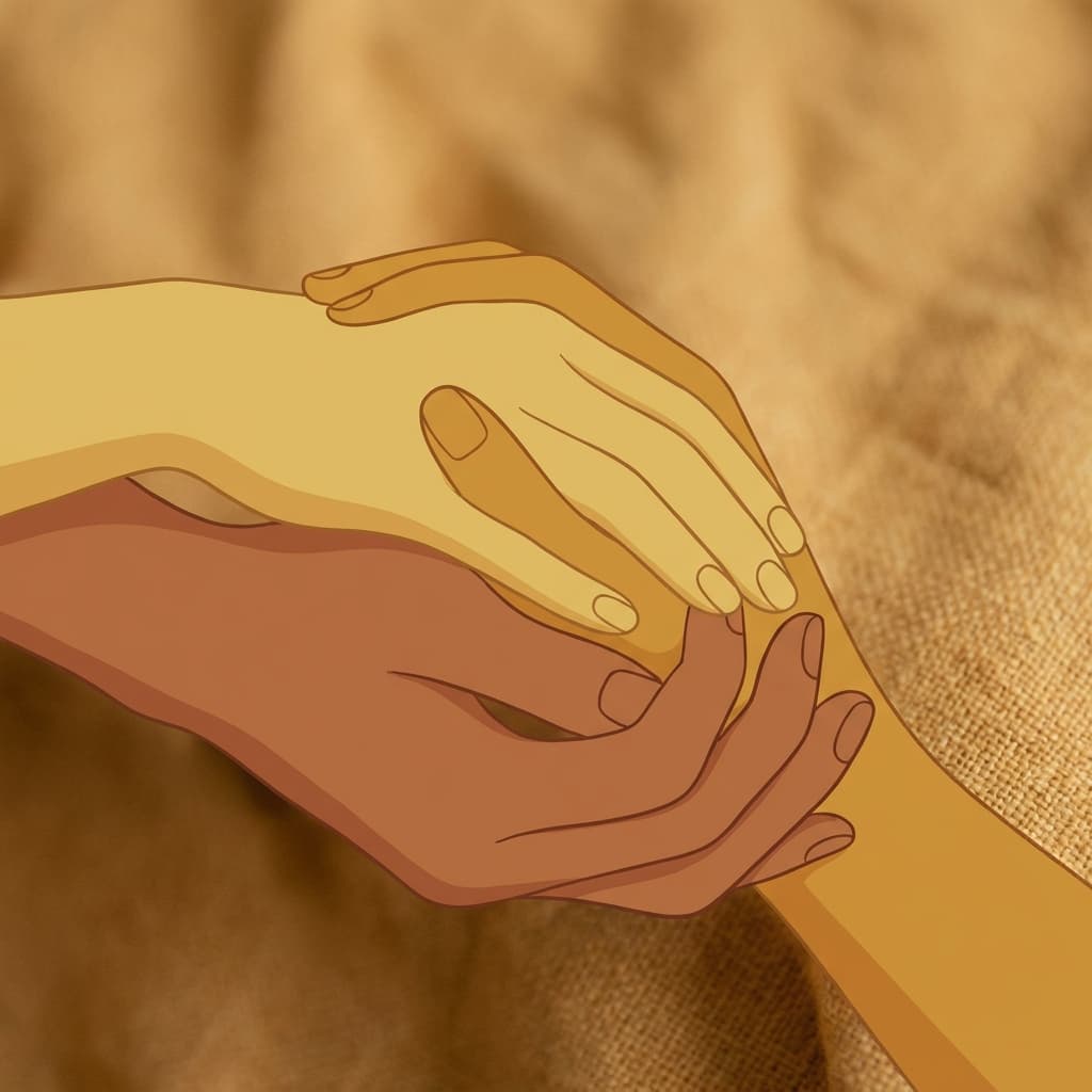 Close-up of two pairs of hands gently intertwined in warm golden light