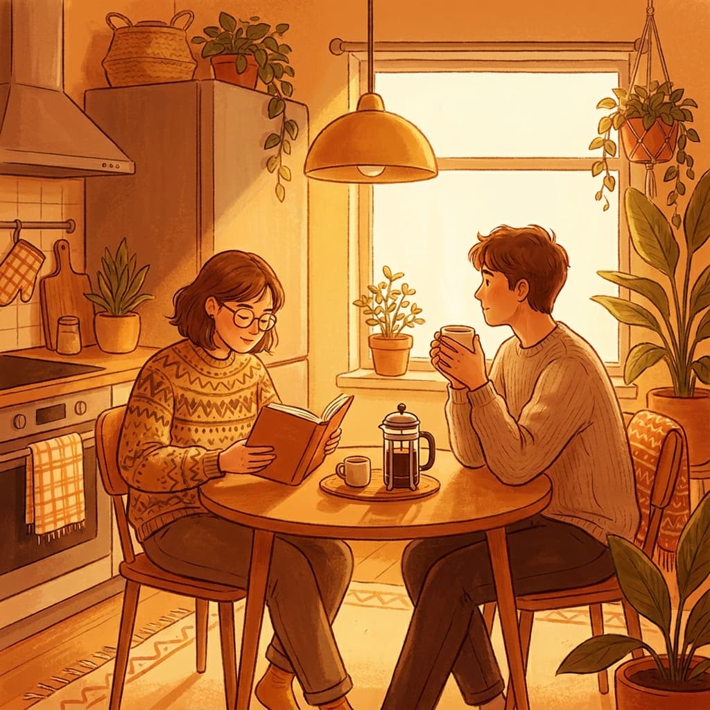 Two people at a kitchen table sharing morning coffee together