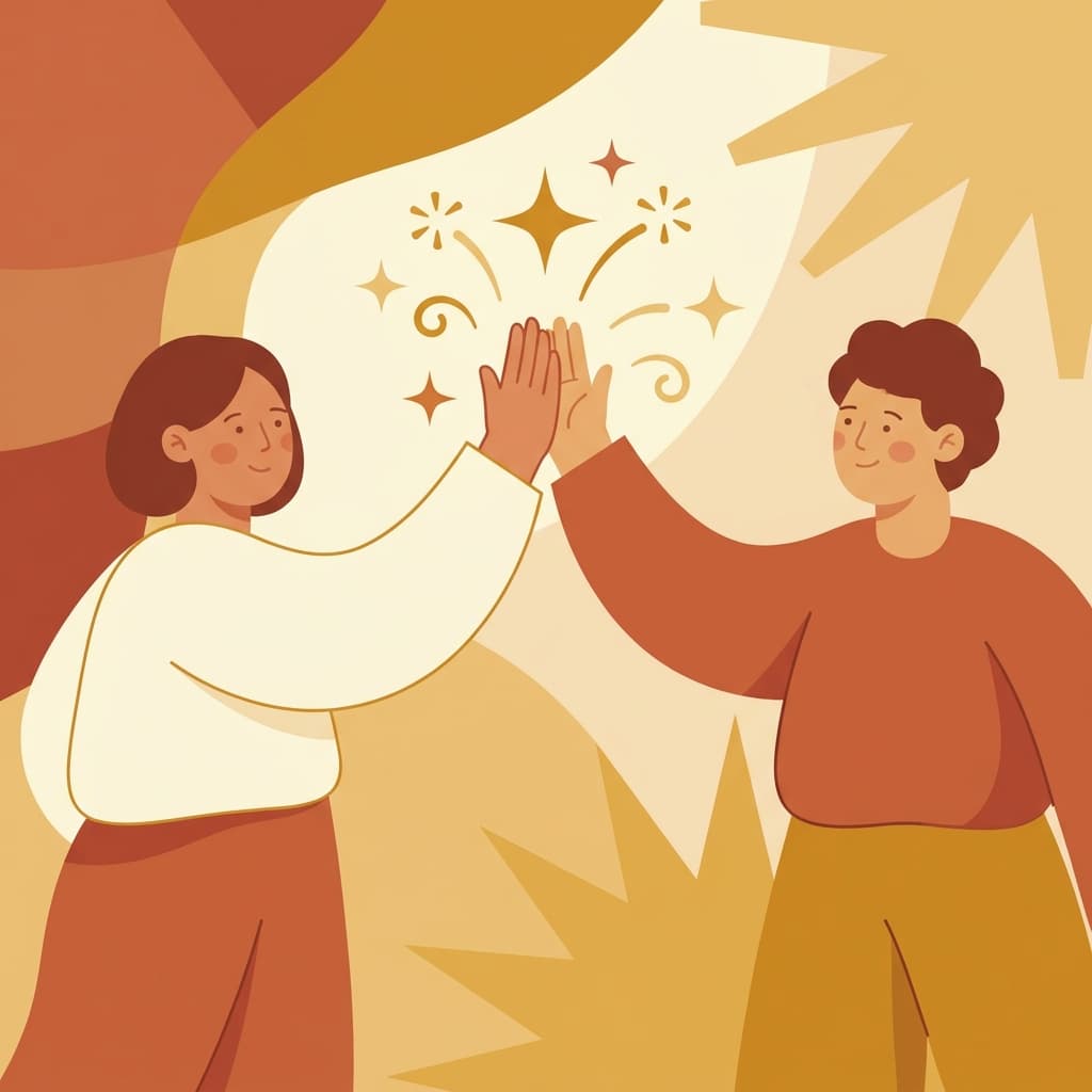 Two people high-fiving with golden sparkles around them in warm amber tones