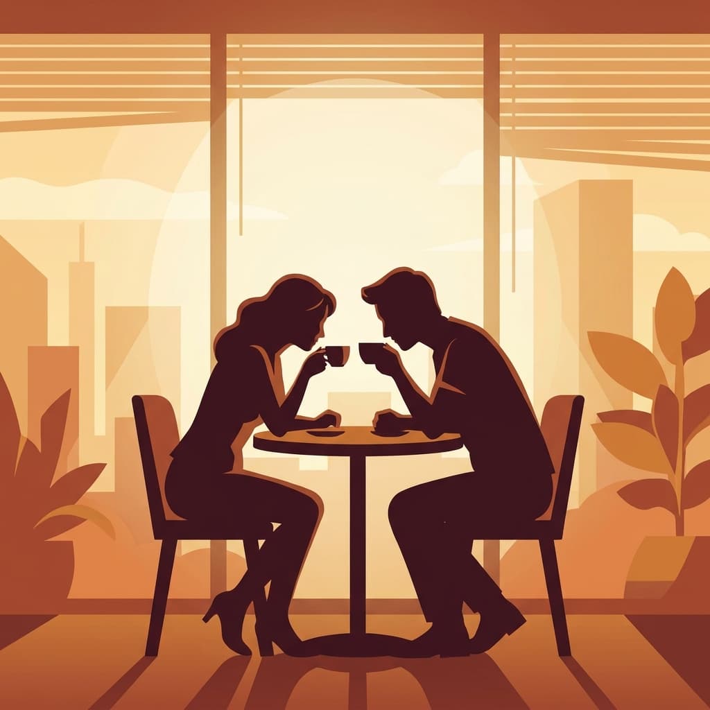A couple having a heartfelt conversation over coffee in warm morning light