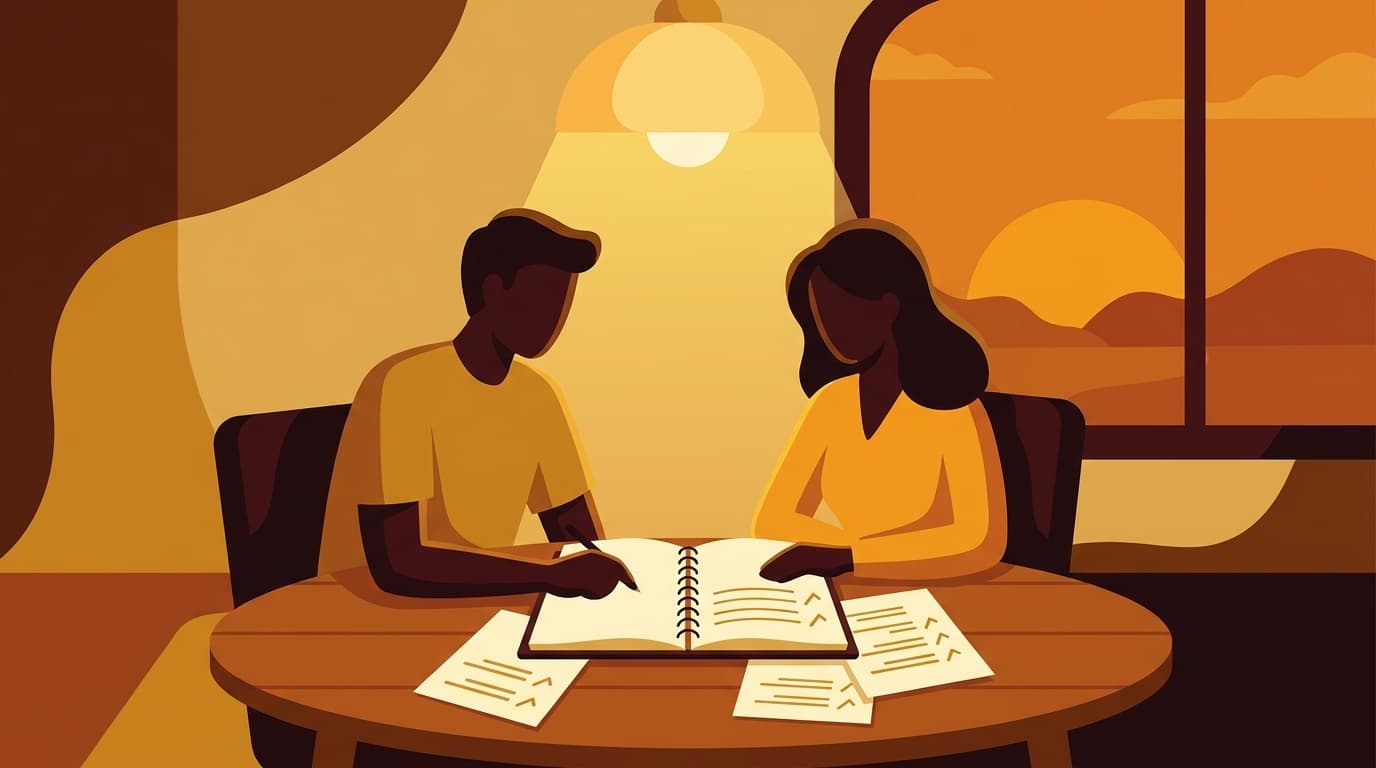A couple sitting together at a cozy wooden table reviewing notes together in warm golden light