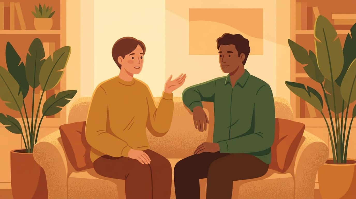 A couple sitting together on a cozy couch in a warm living room, having a gentle honest conversation. Soft amber light, comfortable setting, one partner gesturing while talking, the other listening attentively.