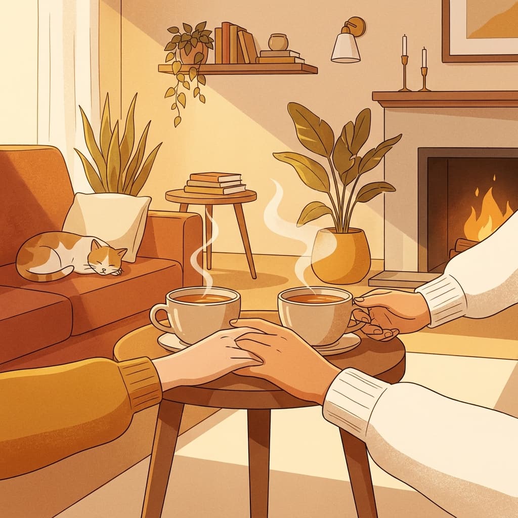 Two hands gently reaching toward each other across a small table with two cups of tea, steam rising softly. Warm amber and gold tones, cozy indoor setting. Clean modern illustration style.