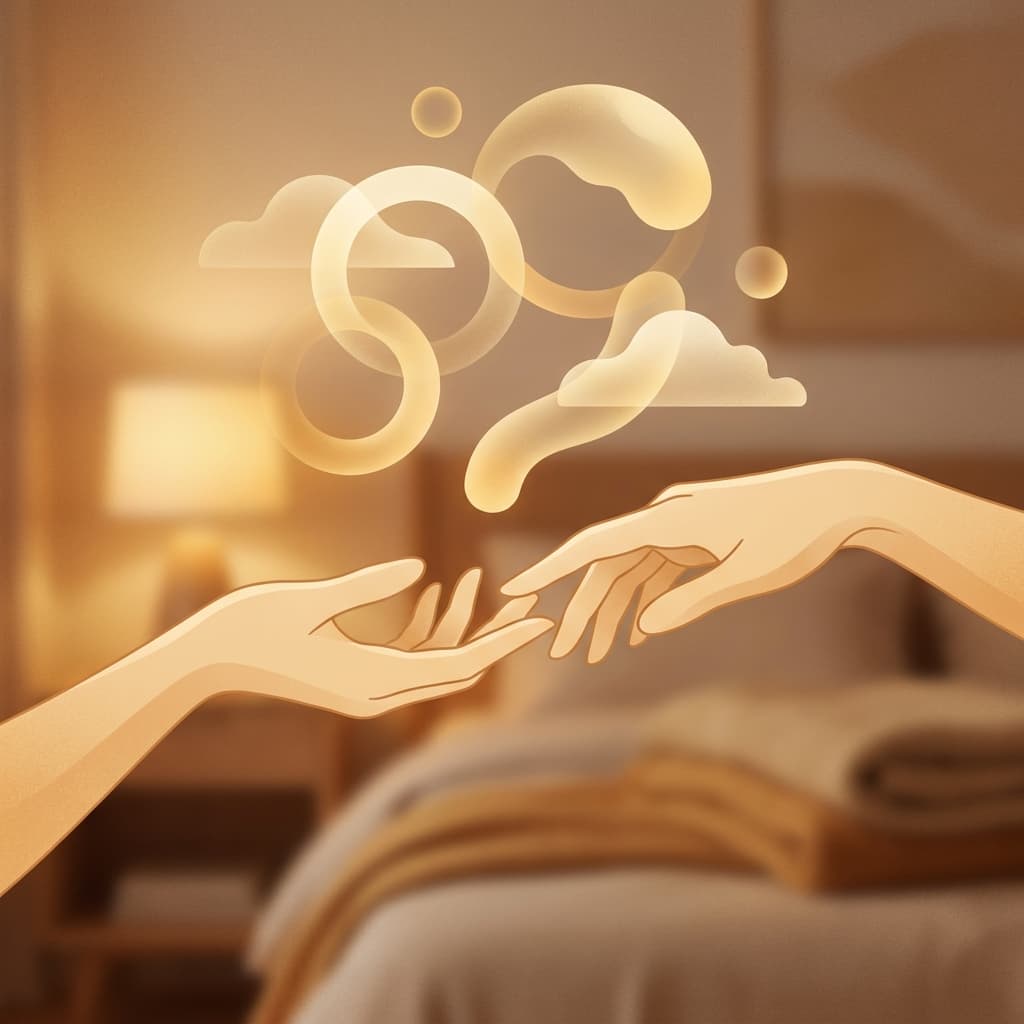 Two hands gently reaching toward each other, fingertips almost touching, with warm amber glow above representing intimacy