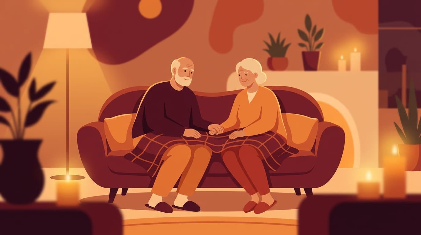 A couple sitting close together on a couch in warm amber light, looking relaxed and connected