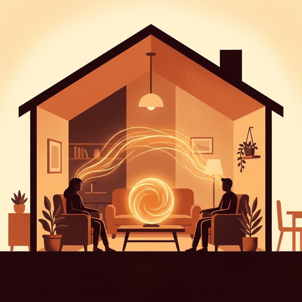 An illustration of a warm glowing house at night representing emotional safety, with two silhouettes inside connected by amber light