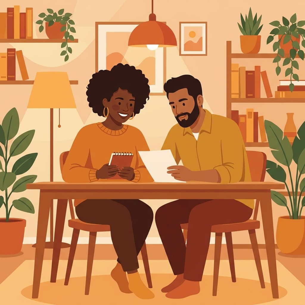 A diverse couple sitting across from each other at a wooden table looking at a paper between them