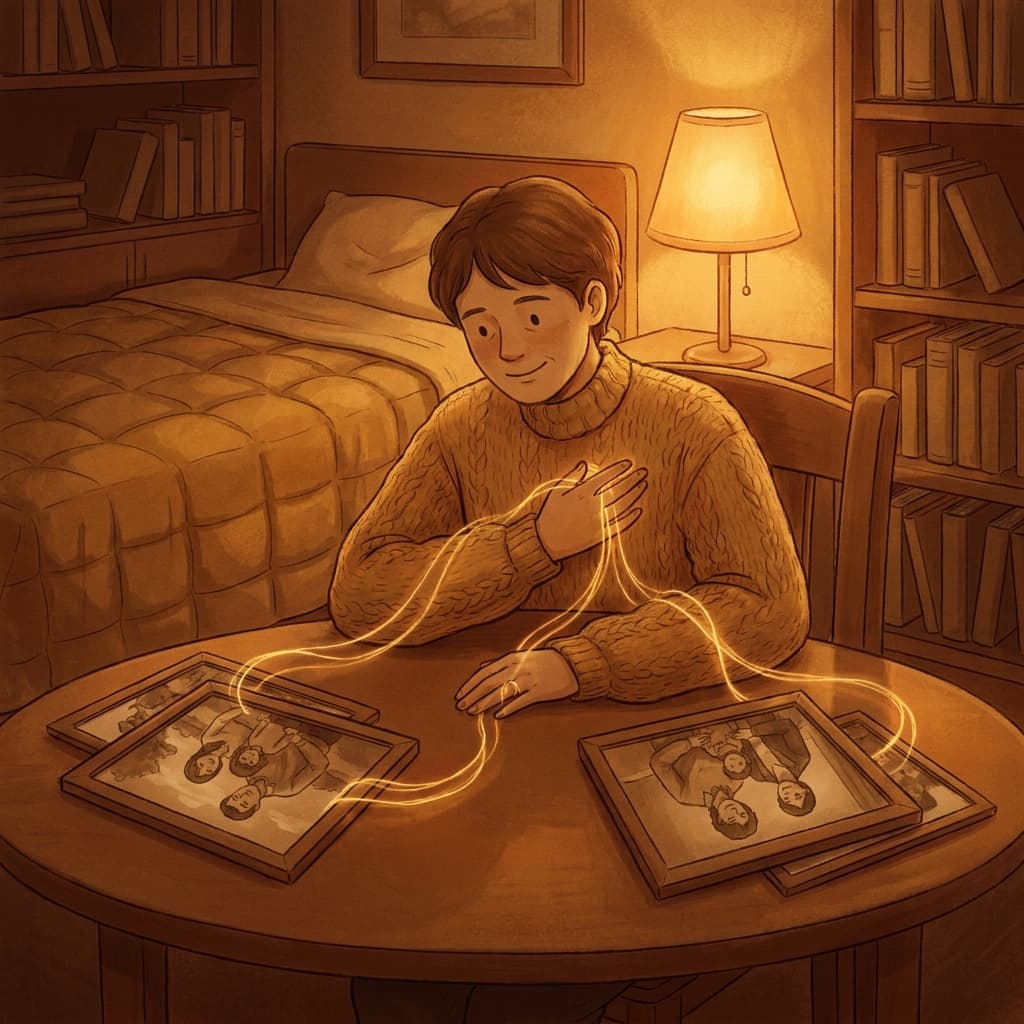 A person sitting at a cozy table with family photographs and golden strings connecting elements from each photo