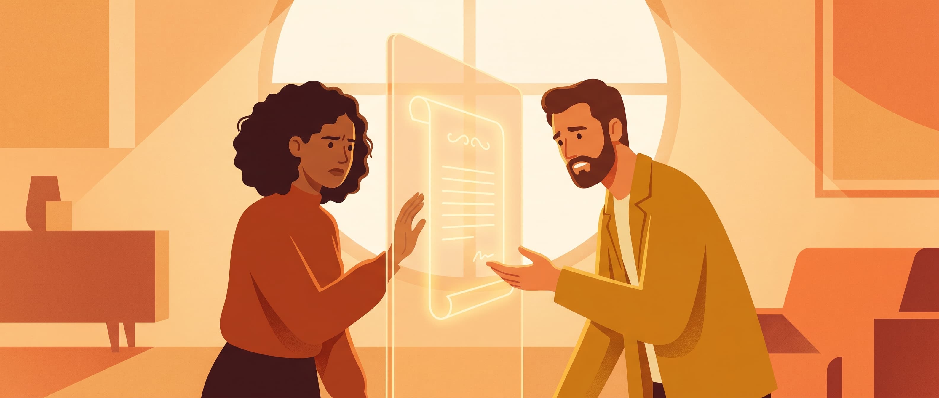 A couple standing on opposite sides of a glowing invisible barrier with amber light, trying to read invisible text together
